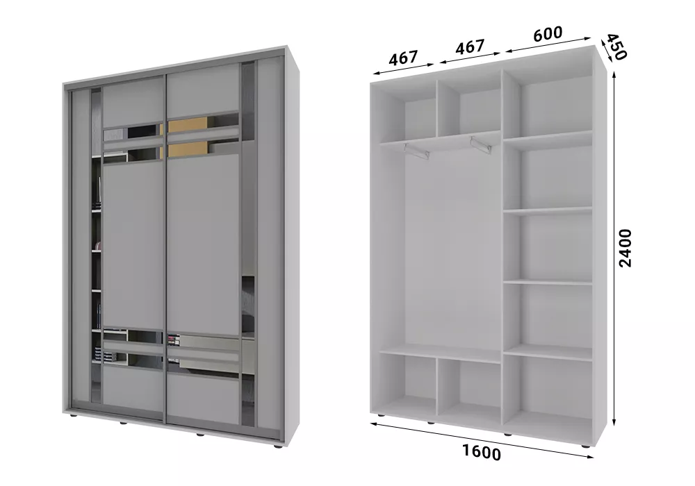Шафа-купе 2 двері комбинований фасад Классік-1 160*240*45 колір Біле дерево